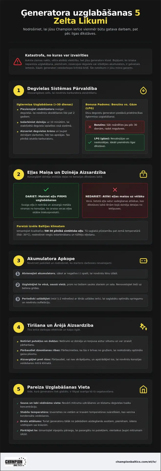 Ģeneratora uzglabāšana: 5 noteikumi ilgam kalpošanas laikam