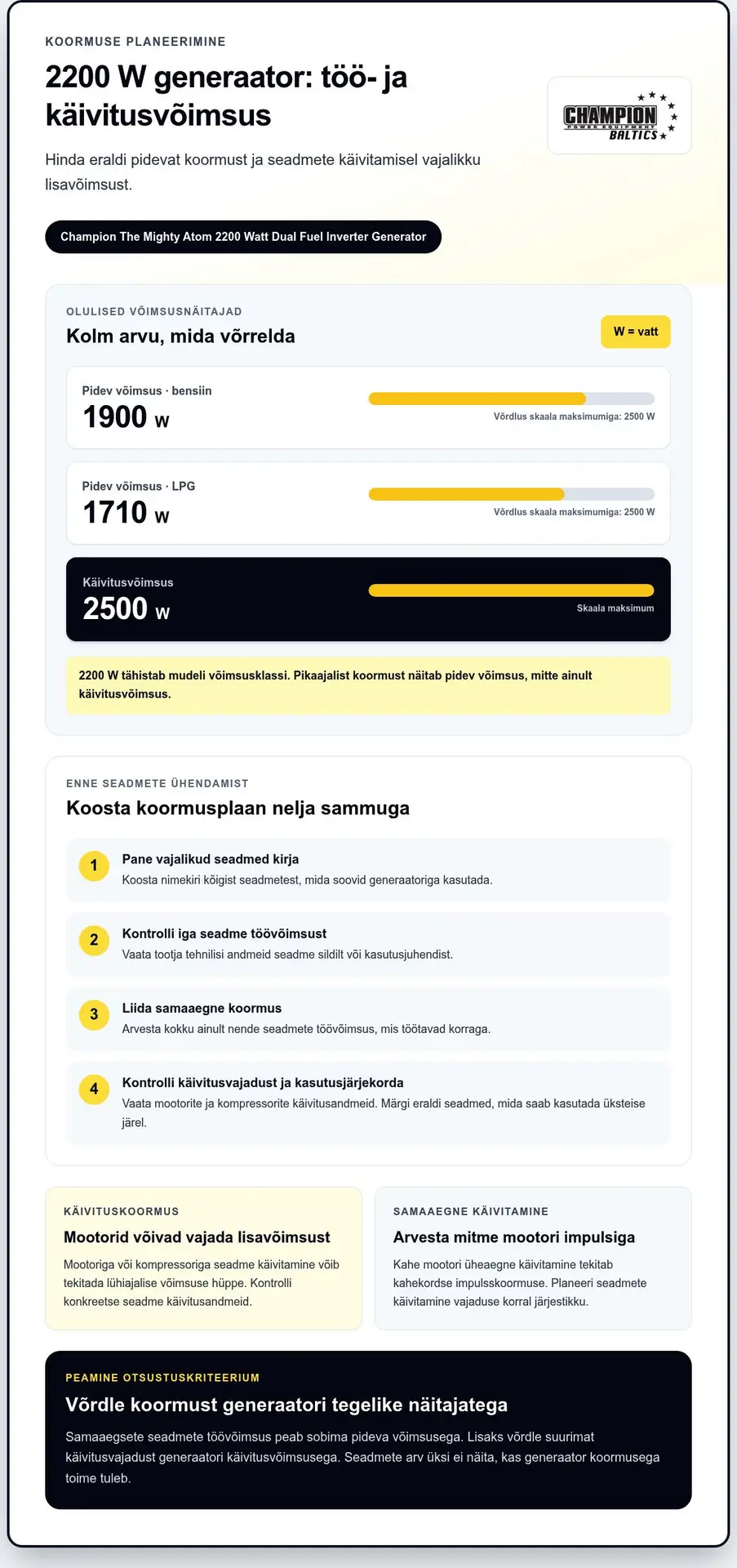 2200 W invertora ģenerators: kā novērtēt, vai jaudas pietiek?