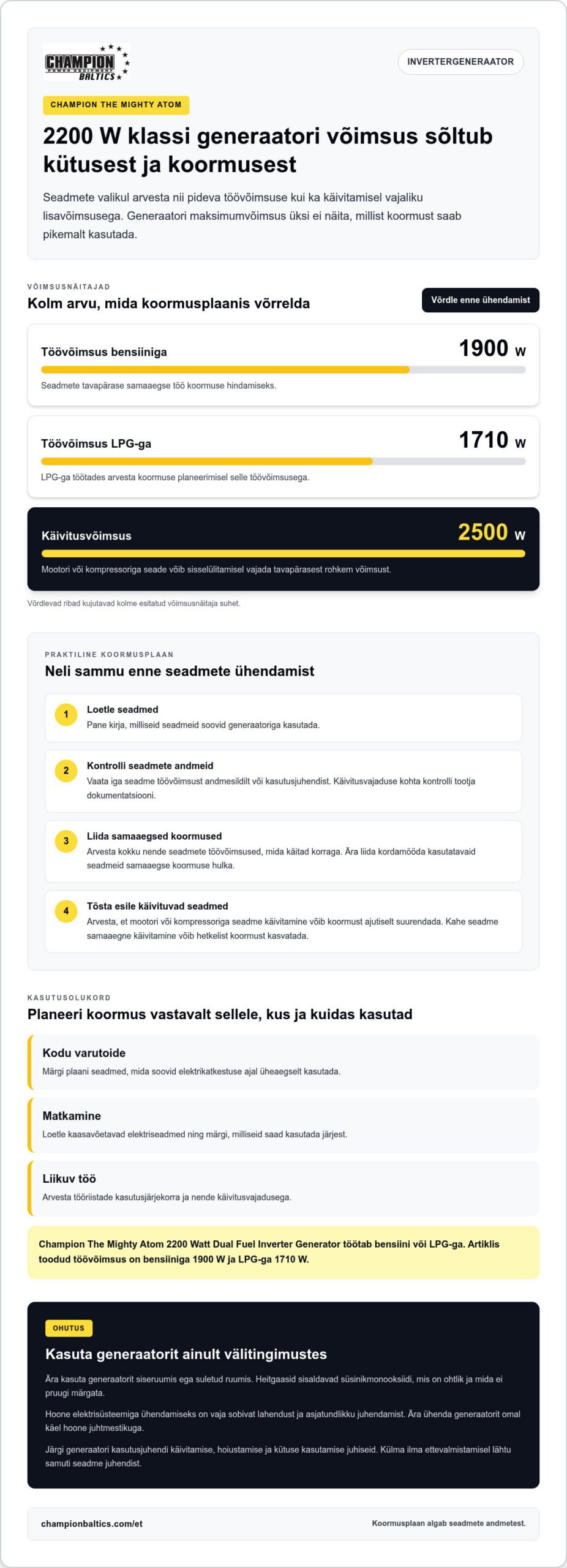 2200 W invertergeneraator: kuidas hinnata, kas võimsusest piisab?